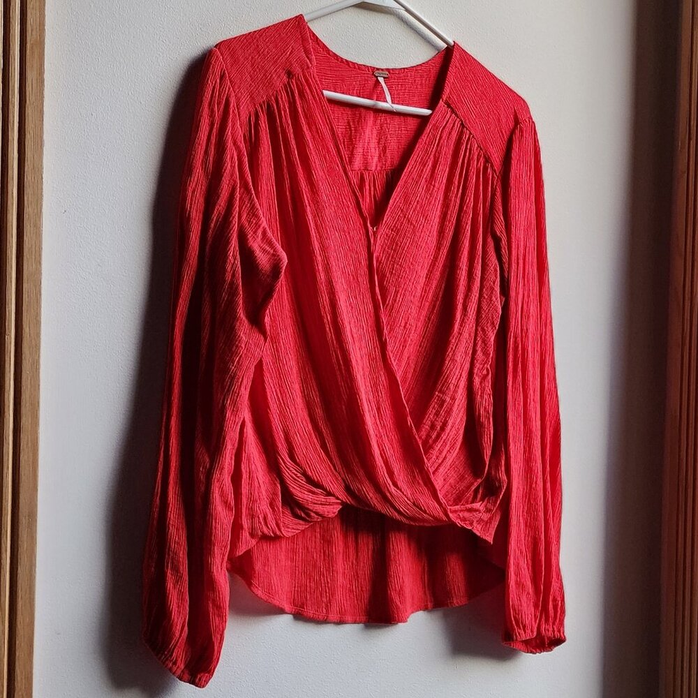 Free People Bright Red/Orange V-Neck Crossover Blouse Size Medium